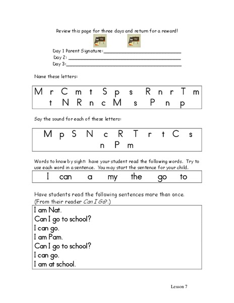 Reading Homework for Kindergarten #7 Worksheet