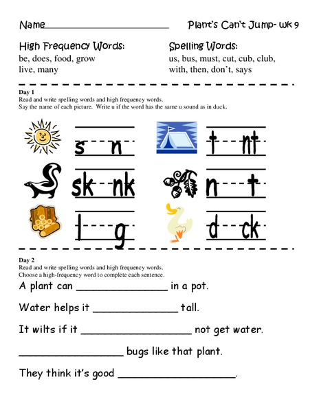 Spelling Words for Plants Can't Jump Worksheet