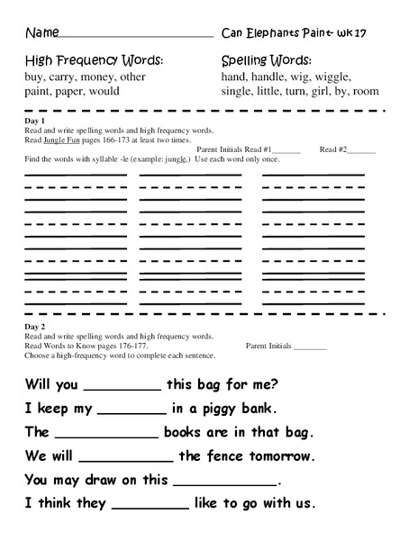 Can Elephants Paint: high frequency and spelling words Worksheet