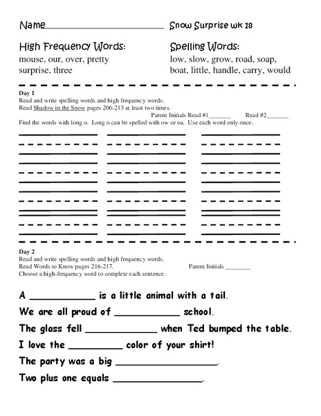 Spelling Words for Snow Surprise Worksheet