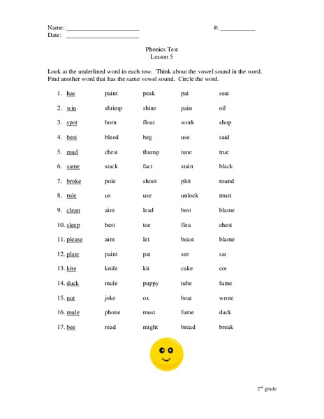 Phonics Test  Lesson 5 Worksheet
