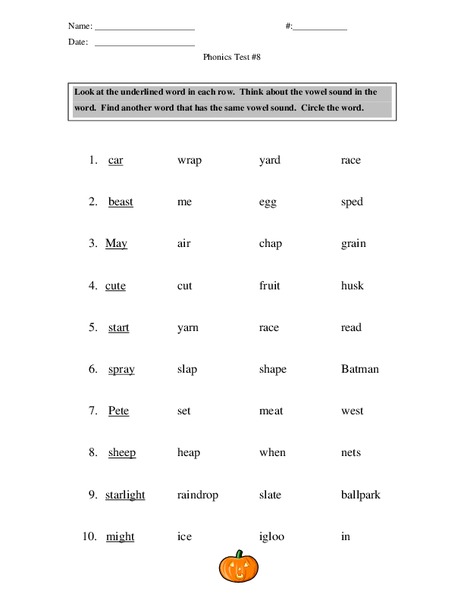 Phonics Test #8 Worksheet
