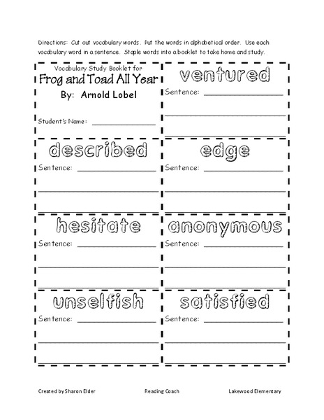 Frog and Toad All Year: vocabulary words Worksheet