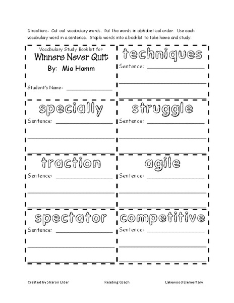 Winners Never Quit: Vocabulary words Worksheet
