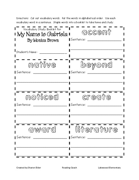 My Name is Gabriela: vocabulary words Worksheet