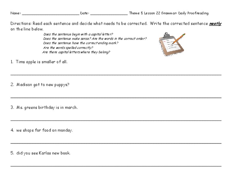 Daily Proofreading: theme 5, lesson 22 Worksheet