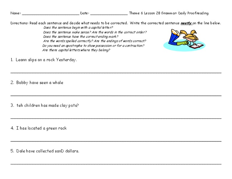 Daily Proofreading: theme 6 lesson 28 Worksheet