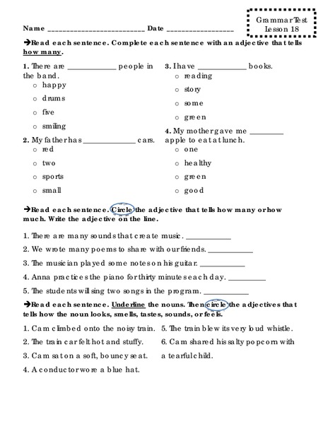 Grammar Test: Lesson 18 Worksheet