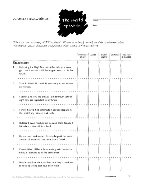 What do I Know About the World of Work Worksheet