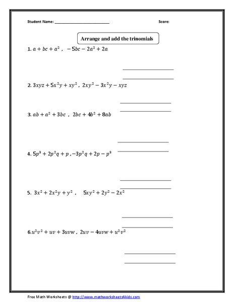 Arrange and Add Polynomials Worksheet