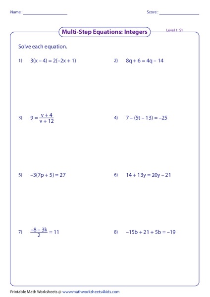 Solve Multi-Step Equations Worksheet