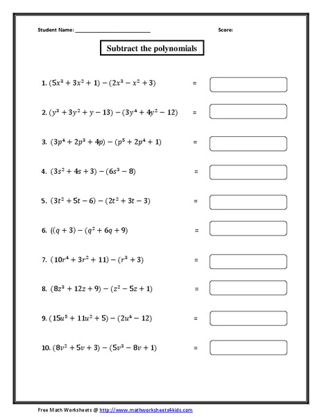 Subtract the Polynomials Worksheet