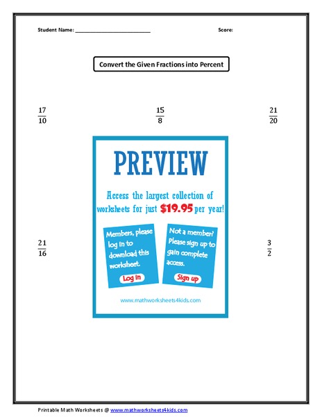 Convert the Given Fractions into Percent Worksheet