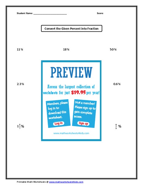 Percent to Fraction Worksheet