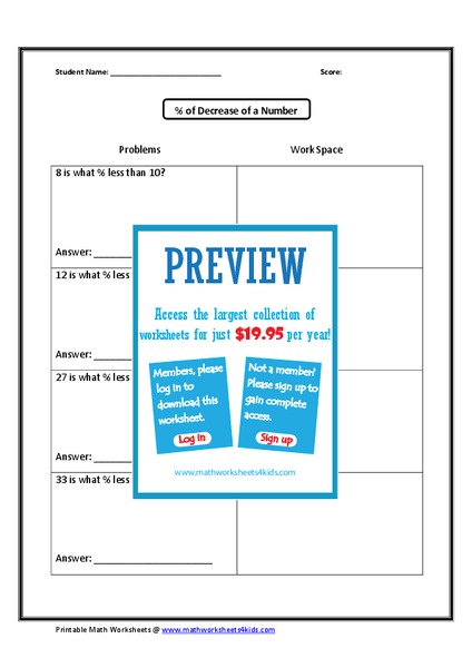 Percent of Decrease of a Number Worksheet