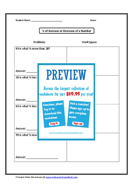 Percent of Increase and Decrease Worksheet
