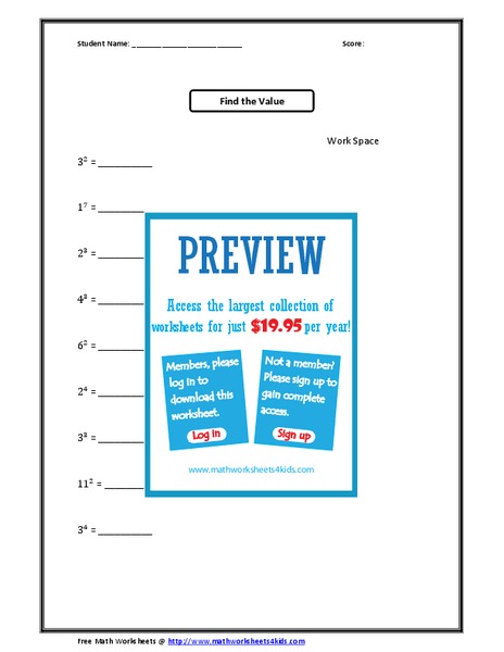 Find the Value: numbers with exponents Worksheet