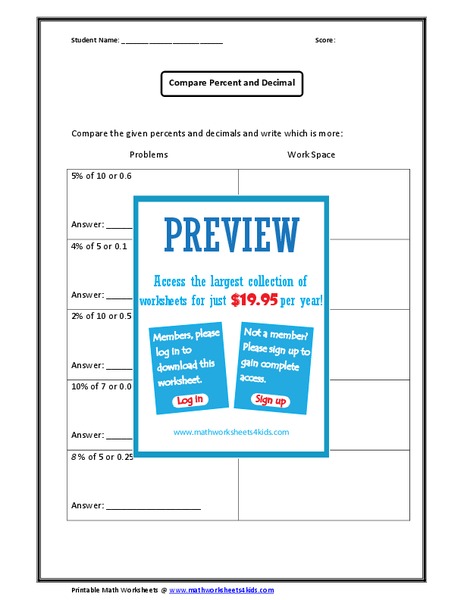 Compare Percent and Decimal Worksheet