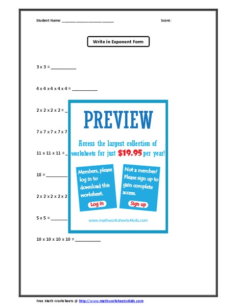 Write In Exponent Form Worksheet