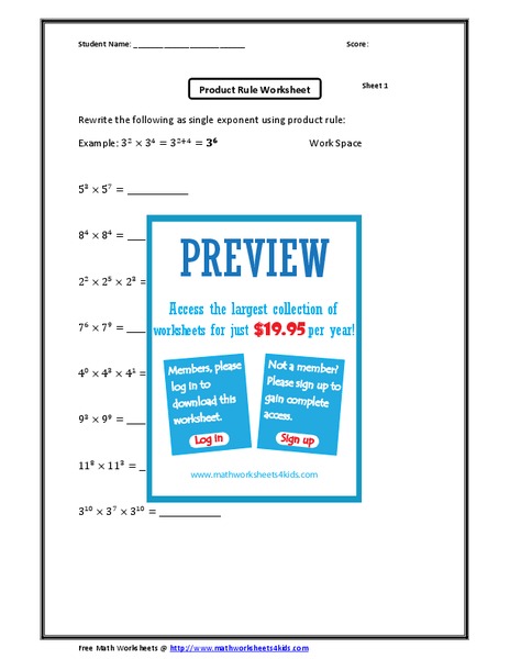 Product Rule Worksheet Worksheet