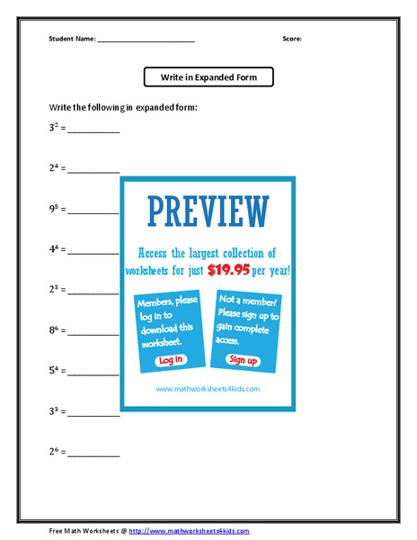 Expanded Form: numbers with exponents Worksheet