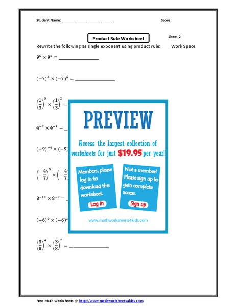 Product Rule Worksheet