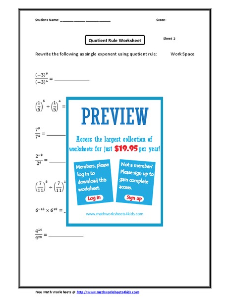 Quotient Rule Worksheet Worksheet