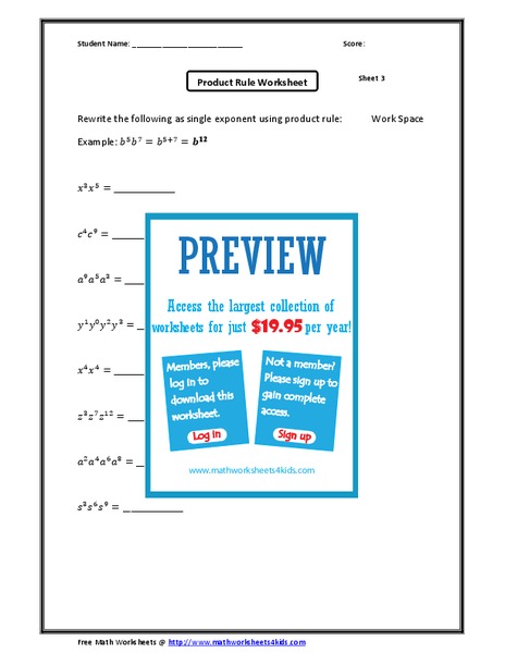 Using the Product Rule With Exponents Worksheet