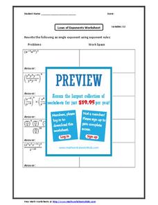 Law of Exponents  Worksheet