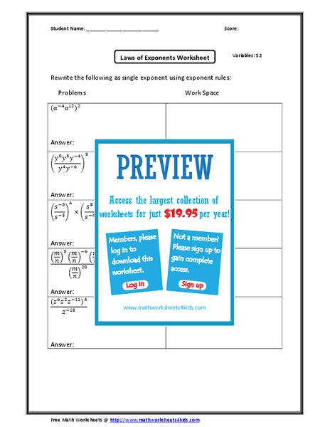 Law of Exponents  Worksheet