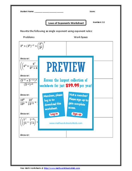 Laws of Exponents Worksheet Worksheet