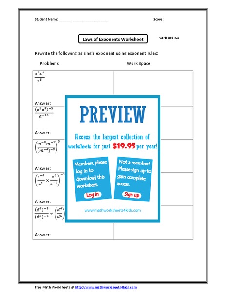 Laws of Exponents Worksheet Worksheet