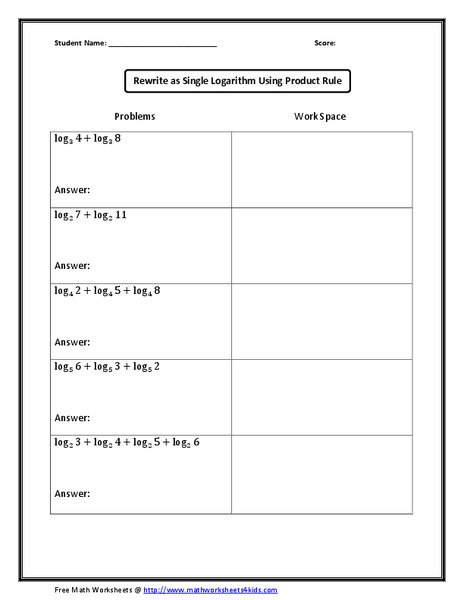 Rewrite as Single Logarithm Using the Product Rule Worksheet