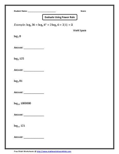 Evaluate Five Logarithms Using the Power Rule Worksheet