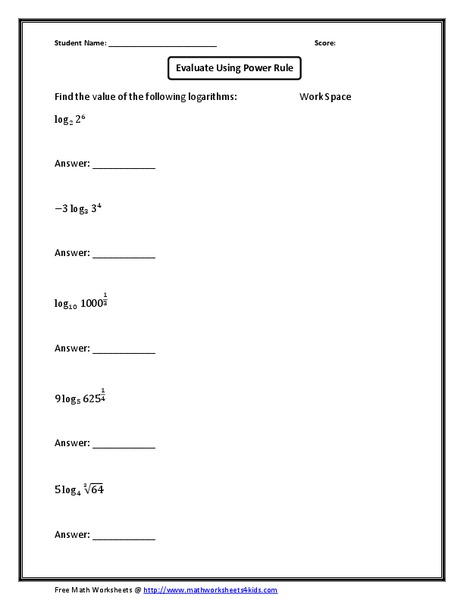Evaluate Using Power Rule Worksheet