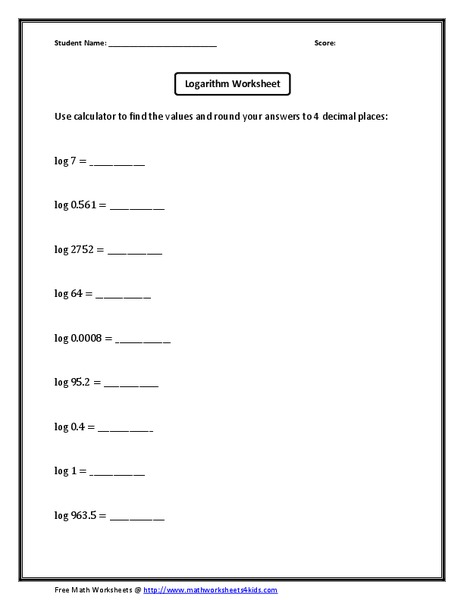 Logarithm Worksheet Worksheet