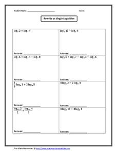 Rewrite as Single Logarithm Worksheet