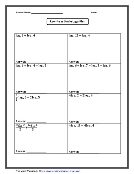 Rewrite as Single Logarithm Worksheet