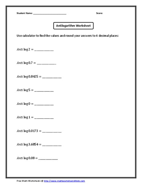 Antilogarithm Worksheet Worksheet