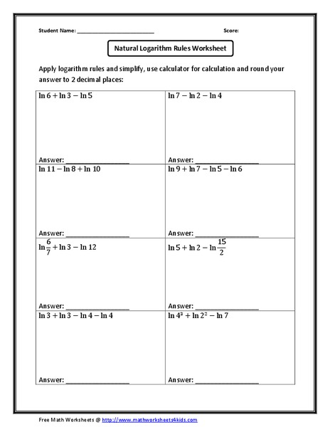 Natural Logarithm Rules Worksheet