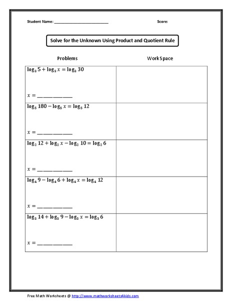 Solve for the Unknown Using Product and Quotient Rule Worksheet