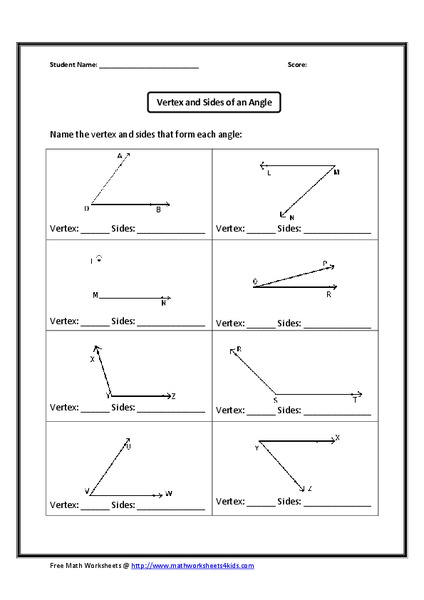 Naming the Vertex and Sides for Eight Angles Worksheet
