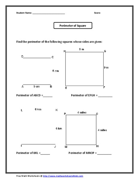 Perimeter of Square Worksheet