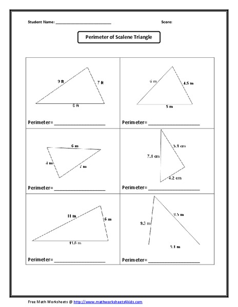 Perimeter of Scalene Triangle Worksheet