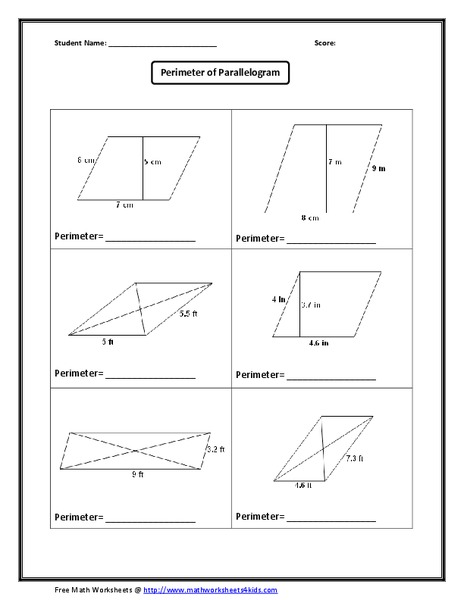 Perimeter of Parallelogram Worksheet