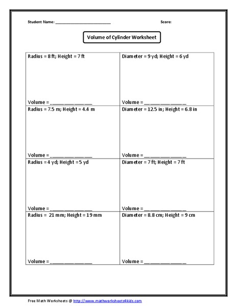 Volume of Cylinder worksheet Worksheet