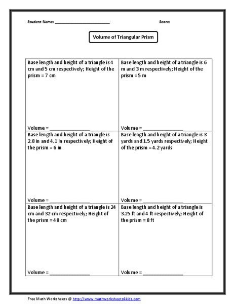 Volume of Triangular Prism Worksheet