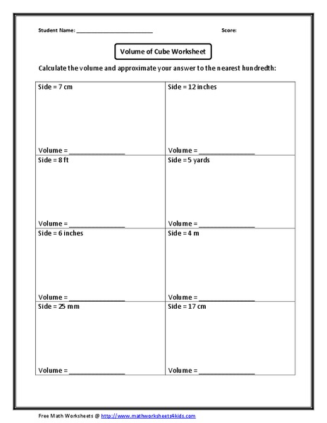 Volume of a Cube without a Picture Worksheet