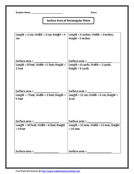 Surface Area of Rectangular Prism Worksheet