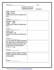 Finding the Volume of Five Cones Worksheet